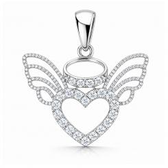 Heart-shaped pendant with angel wings in 925 silver with zirconia + free silver chain