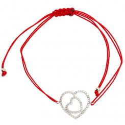 Браслет нить красного цвета с подвеской в виде двойного сердца из серебра 925 пробы с фианитом