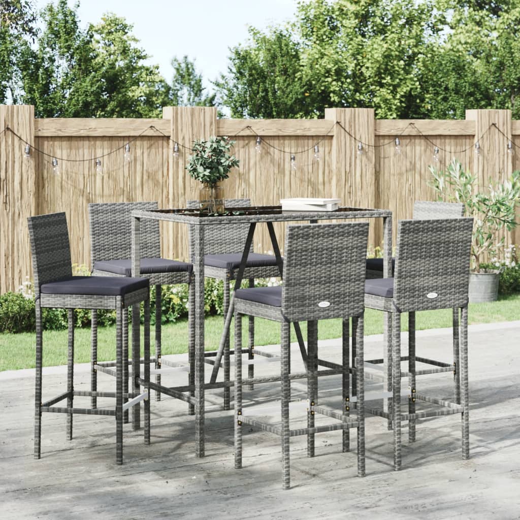 SKM 7-teiliges Gartenbar-Set Grau - Poly Rattan Möbel Mit Kissen Und Hartglas Tisch