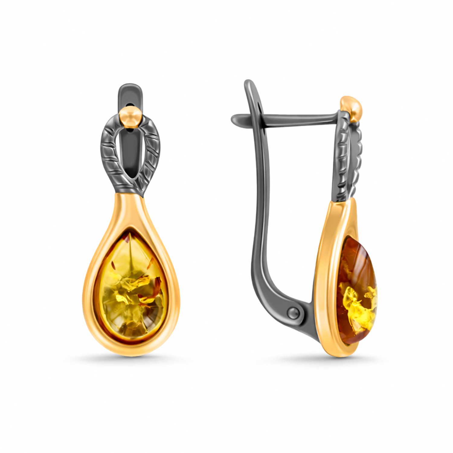 Красивые серьги из серебра 925 пробы, позолоченные и с родиевым покрытием, с янтарем, английская застёжка, высота ≈ 20 мм.