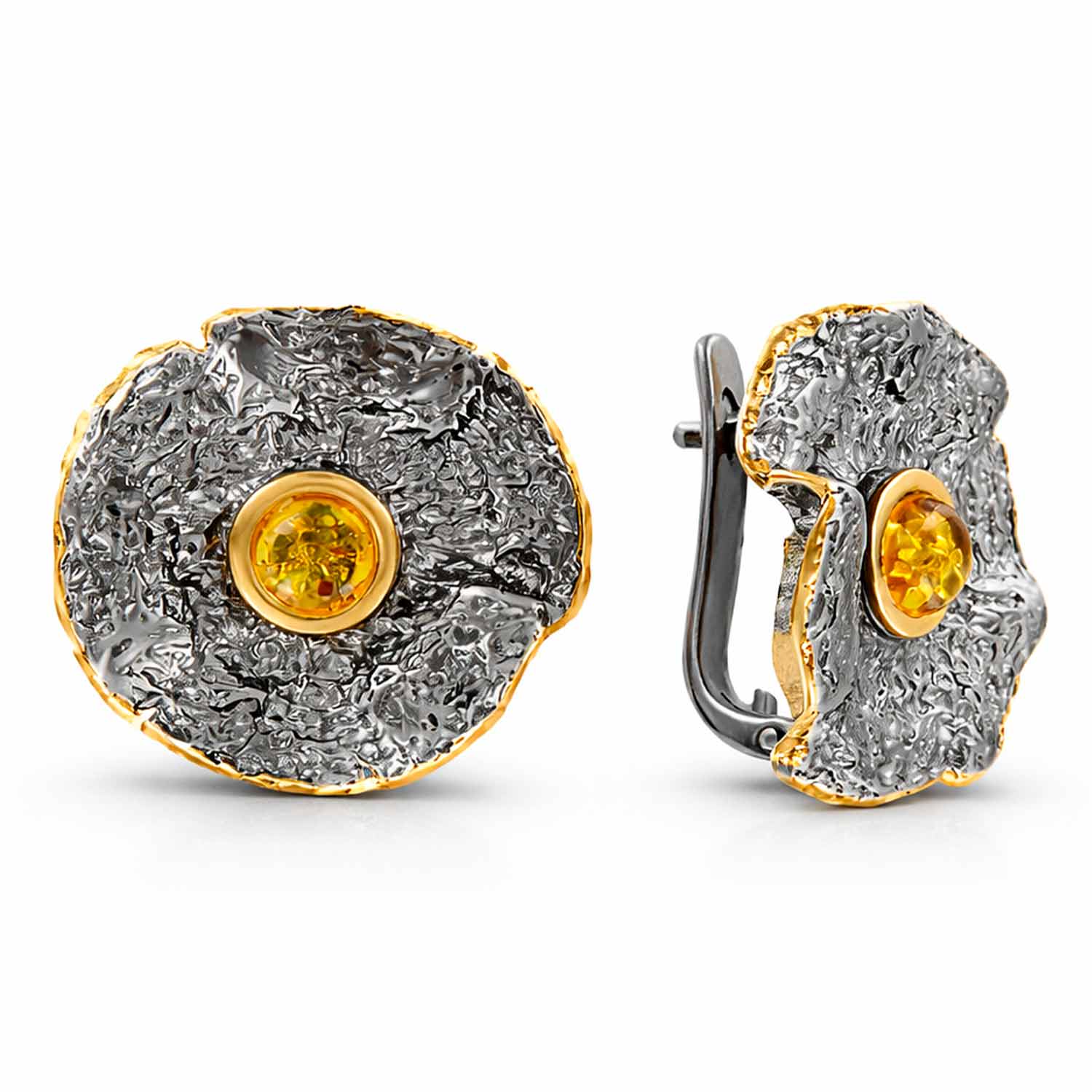 Впечатляющие серьги из серебра 925 пробы, позолоченные и с родиевым покрытием, с янтарем, английская застёжка,  диаметр ≈ 25 мм.