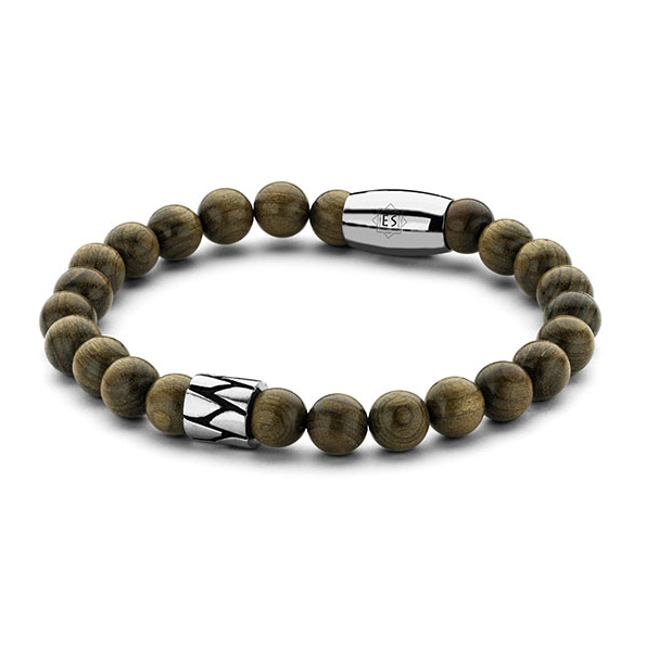 Armband mit Edelholz-Kugeln und Edelstahl-Metalleinsätzen, Durschmesser ca. 8 mm,  Magnetverschluss, Länge ca. 20,5 cm