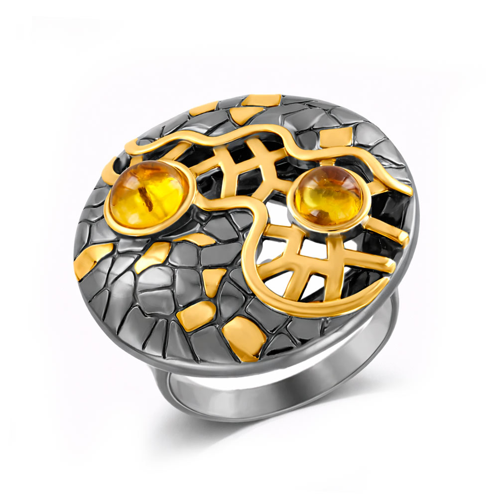 Ladies' ring in silver 925, gold-plated, rhodium-plated, with amber, diameter approx. 28 mm