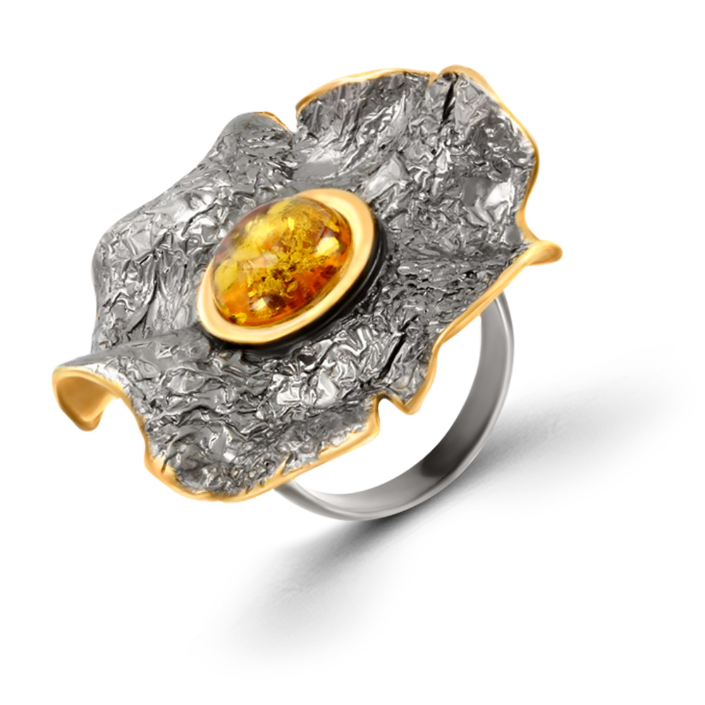 Ladies' ring in silver 925, gold-plated, rhodium-plated, with amber, Ø approx. 30 mm