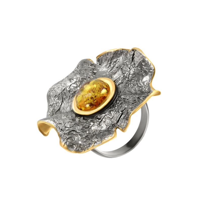 Впечатляющее женское кольцо из серебра 925 пробы, позолоченное и с родиевым покрытием, с янтарем, диаметр ≈ 30 мм.