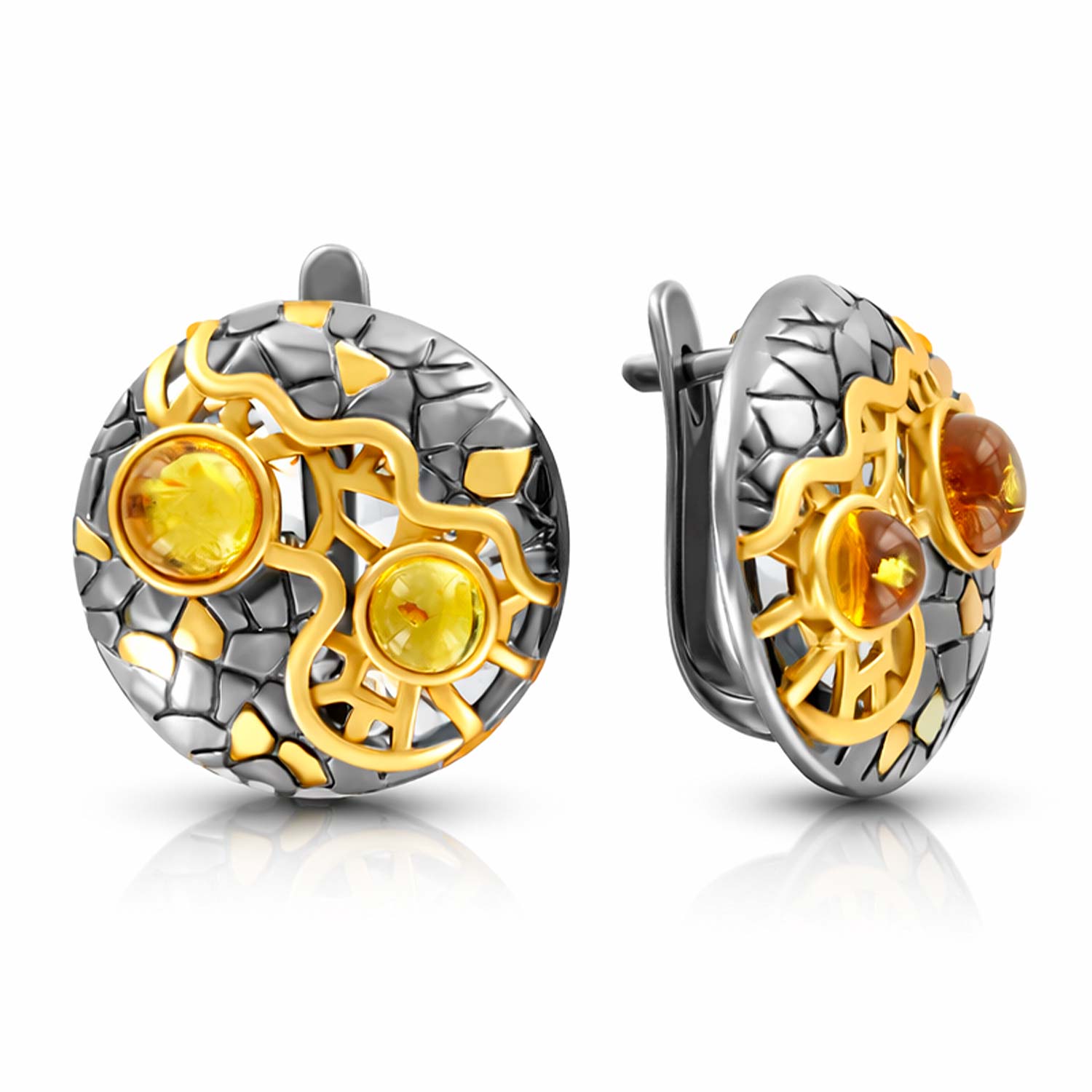 Ohrringe aus Silber 925, vergoldet, rhodiniert, mit Bernstein, Durchmesser ca. 21 mm