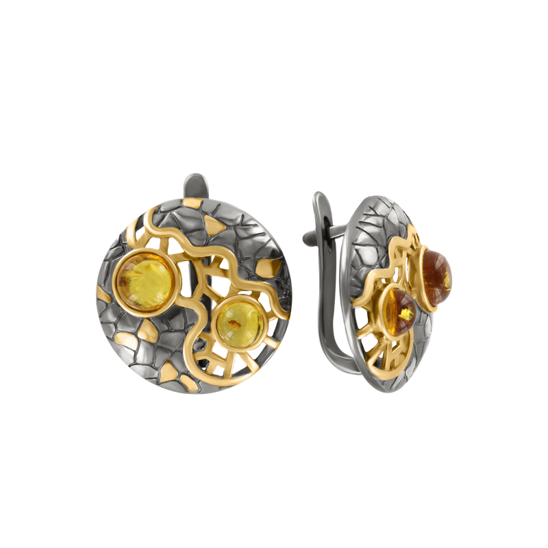 Ohrringe aus Silber 925, vergoldet, rhodiniert, mit Bernstein, Durchmesser ca. 21 mm