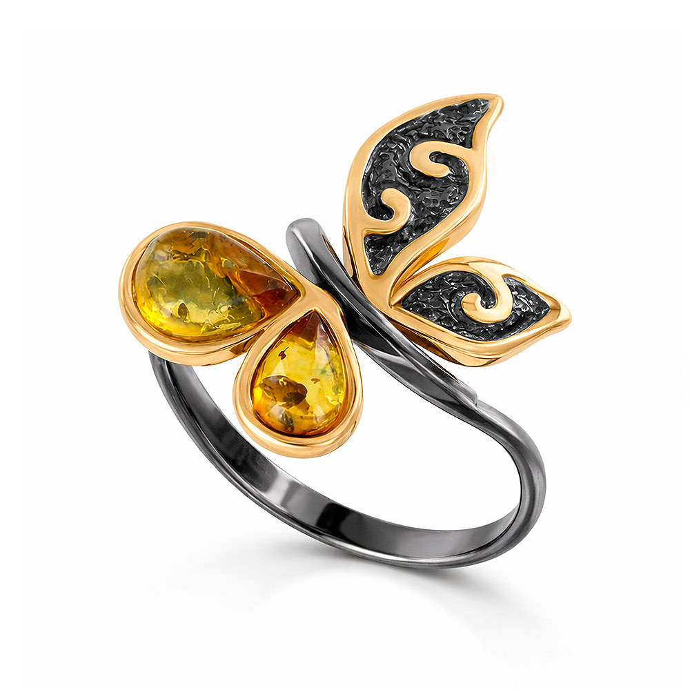 Ladies' ring butterfly in silver 925, gold-plated, rhodium-plated, with 2 amber stones