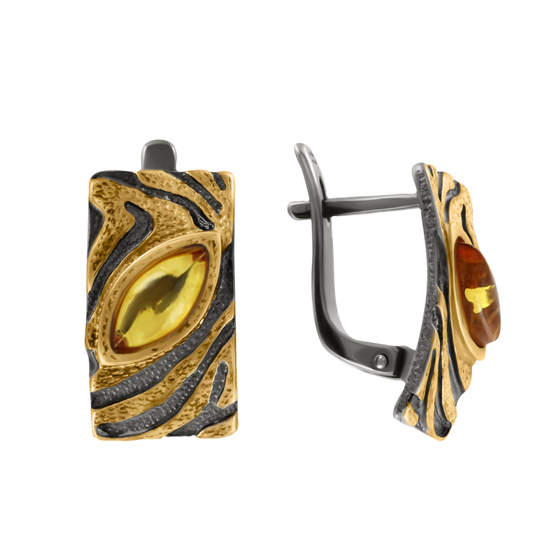 Exquisite earring, silver 925, gold-plated, rhodium-plated, with amber, height approx. 18 mm