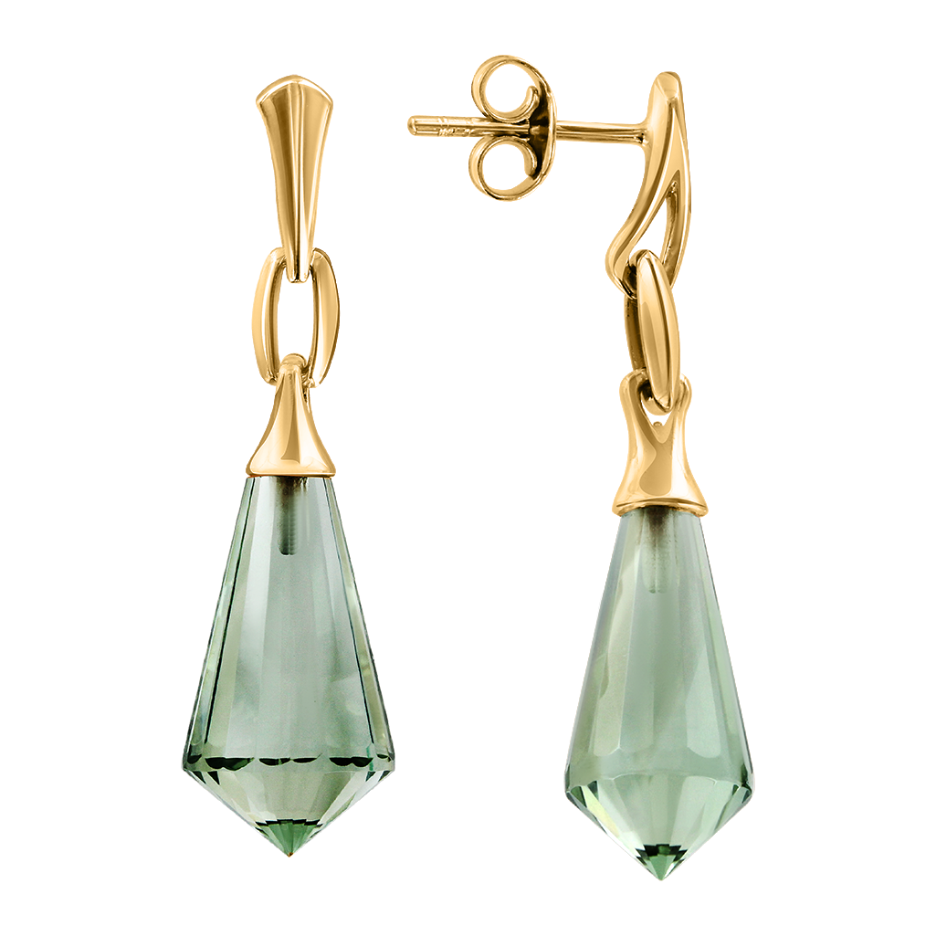 Amazing stud earrings, yellow gold 585, with green amethyst, height approx. 37 mm