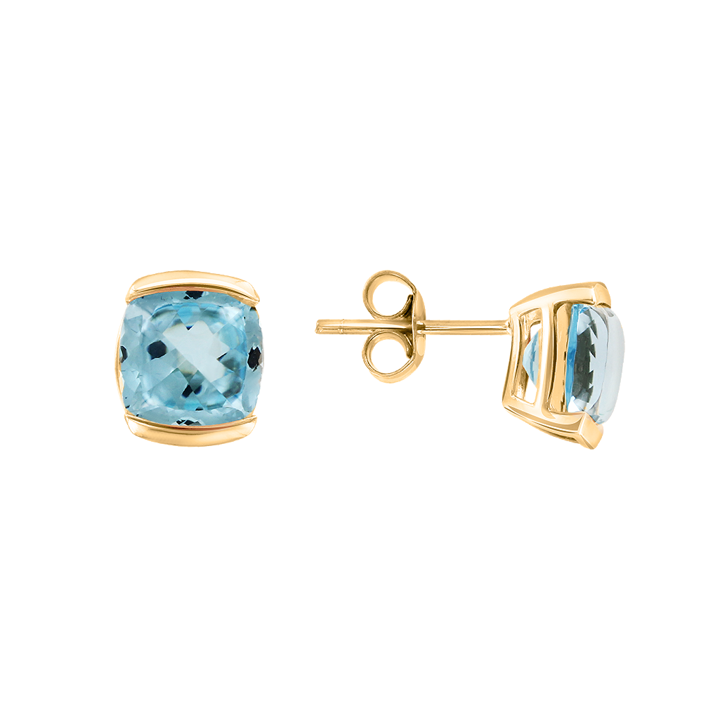 Delicate stud earrings, yellow gold 585, with blue topaz - size approx. 8x8 mm