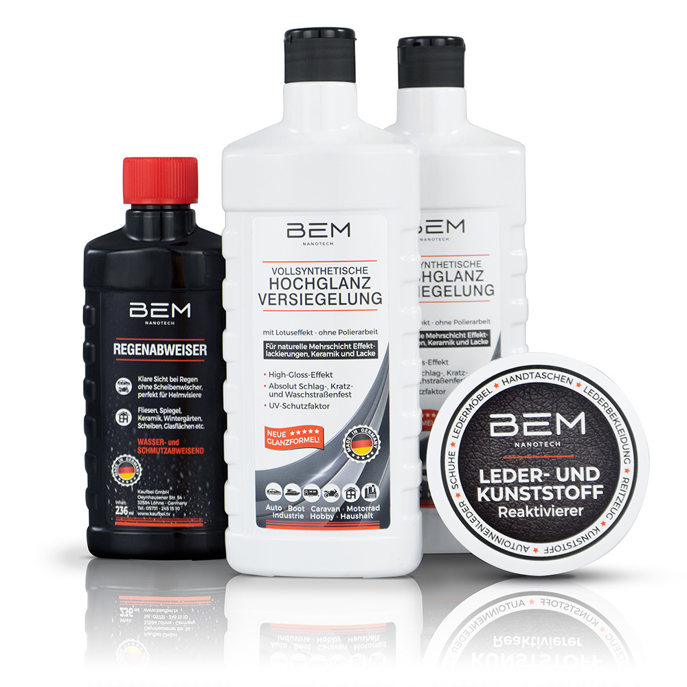 BEM: Autopolitur Hochglanz SET, Versiegelung, Regenabweiser, Politur, Auto, Motorrad, Leder, Kunststoff, Reiniger, Lotuseffekt