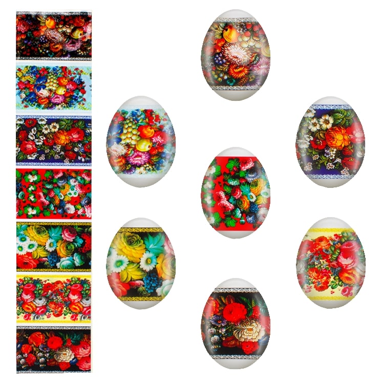 Dekorative Oster-Thermofolie für Eier "Zhostovo", 7 verschiedene Motive in Packung