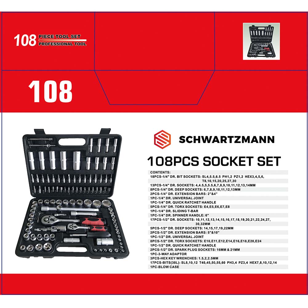 Schwarzmann SCH-108PCS Universal-Werkzeugsatz, 108 Teile, schwarz  Werkzeugkoffer Set, Knarren, Nusskasten, Steckschlüssel, Ratsche,  108-teilig, Schwartzman Handwerkzeugset online kaufen